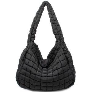 Street Level Black Quilted Puffer Shoulder Bag Nylon Hobo Purse